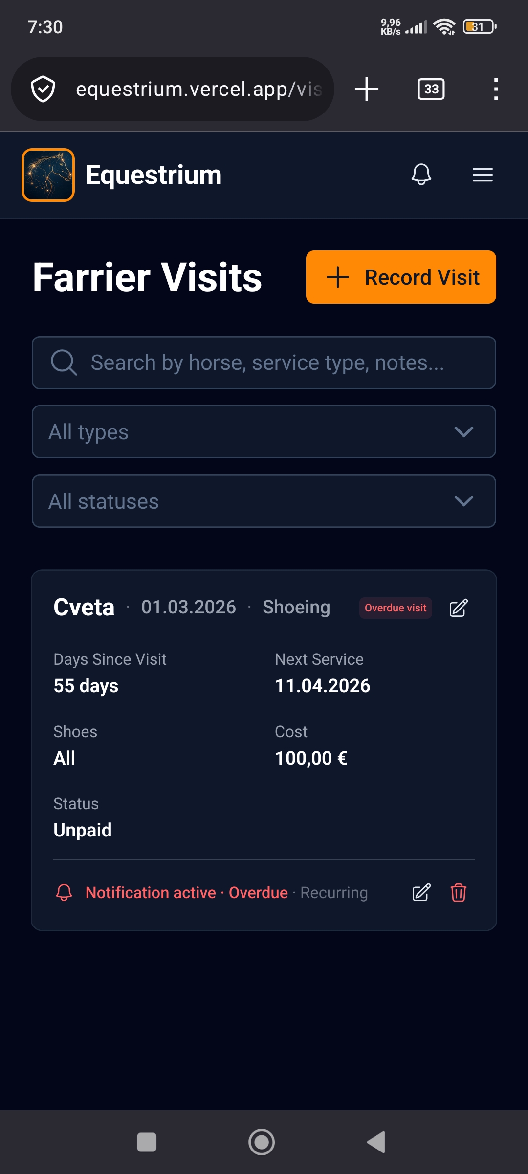 Equestrium additional services list with search, filters, and a service card with price and payment status