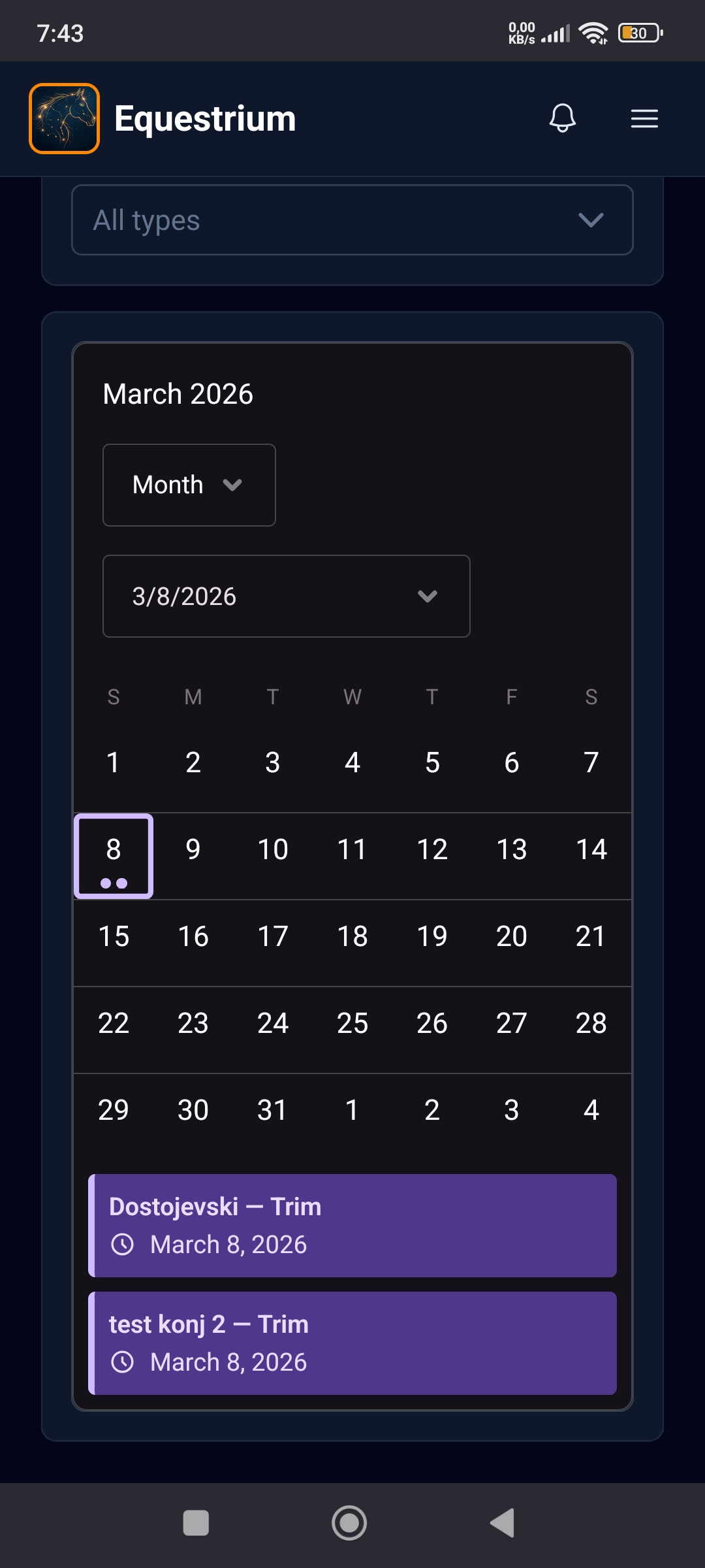 Equestrium horse visit cards with days since visit, next service, pricing, and overdue alerts