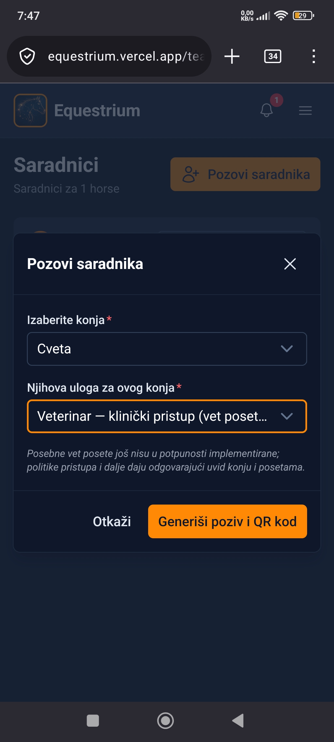 Equestrium modal za pozivanje saradnika sa izborom konja i uloge